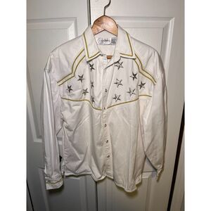 Vintage Cedars Western Pearl Snap Shirt White Silver Star Embroidered L
